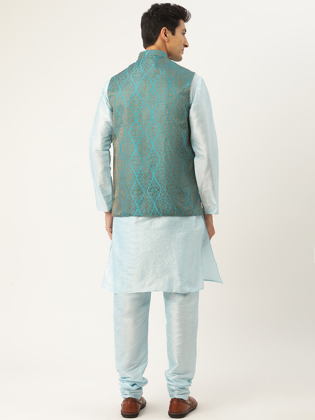 Men's Silk Blend Sky Blue Kurta Pyjama & Teal Blue Nehrujacket Combo - Sojanya