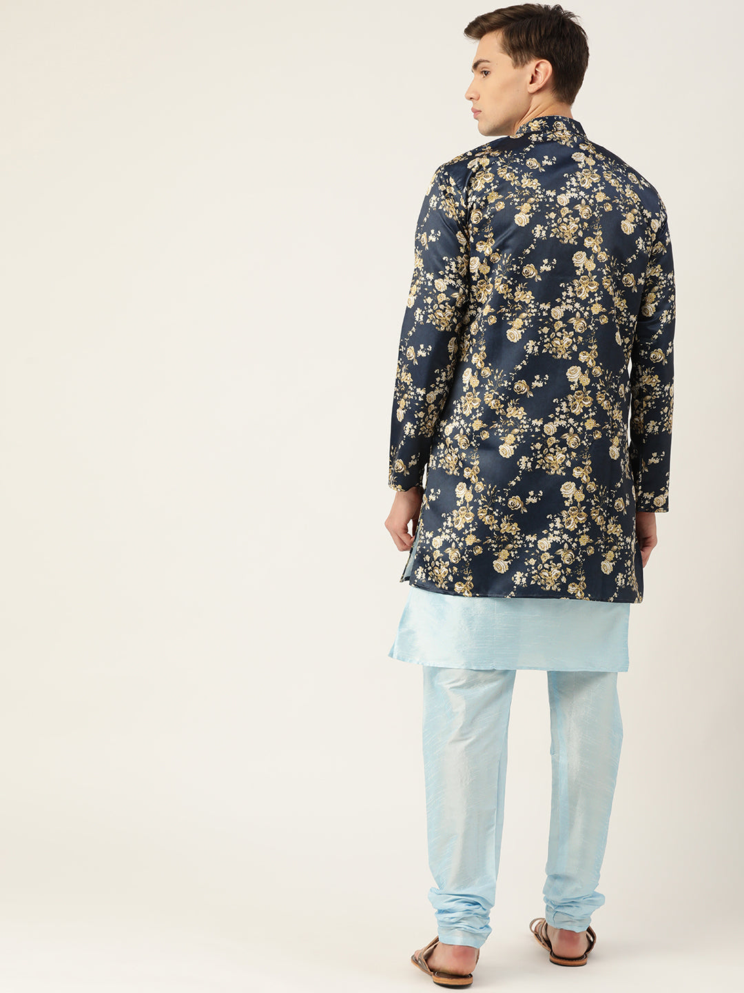 Men's Silk Blend Sky Blue Kurta Pyjama & Navy Sherwani Set - Sojanya