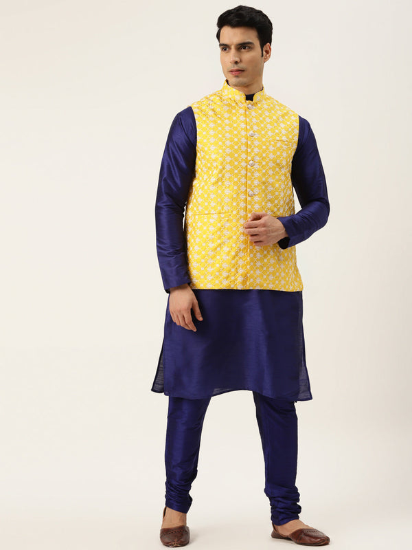 Men's Silk Blend Royal Blue Kurta Pyjama & Yellow Nehrujacket Combo - Sojanya