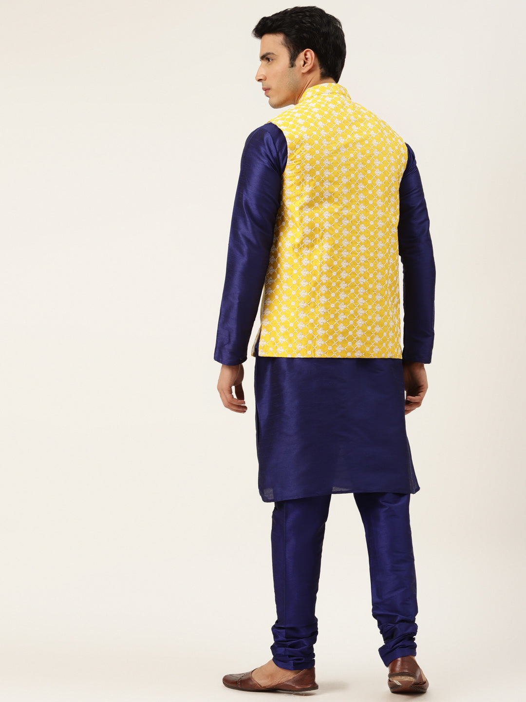 Men's Silk Blend Royal Blue Kurta Pyjama & Yellow Nehrujacket Combo - Sojanya