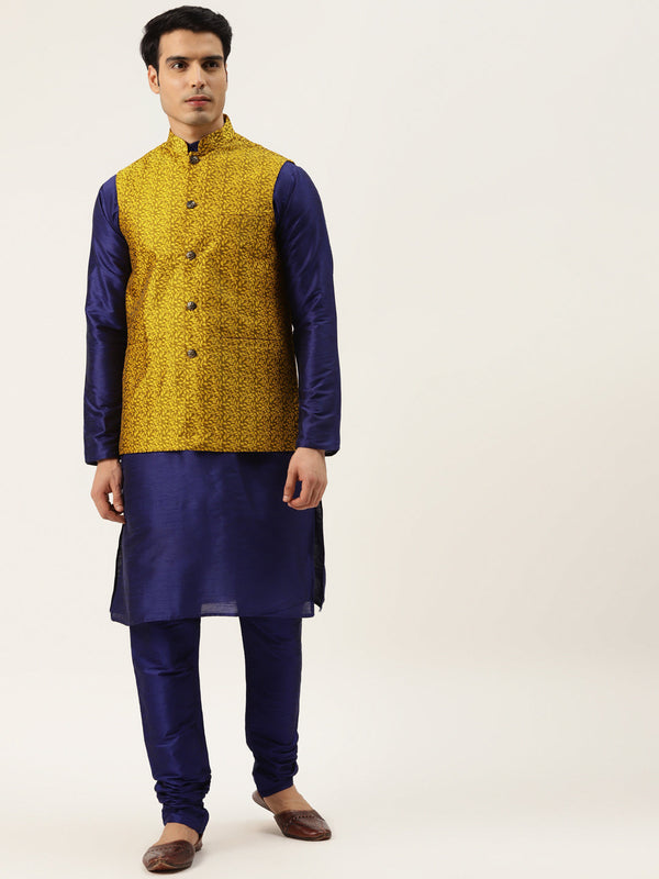 Men's Silk Blend Royal Blue Kurta Pyjama & Mustard Nehrujacket Combo - Sojanya