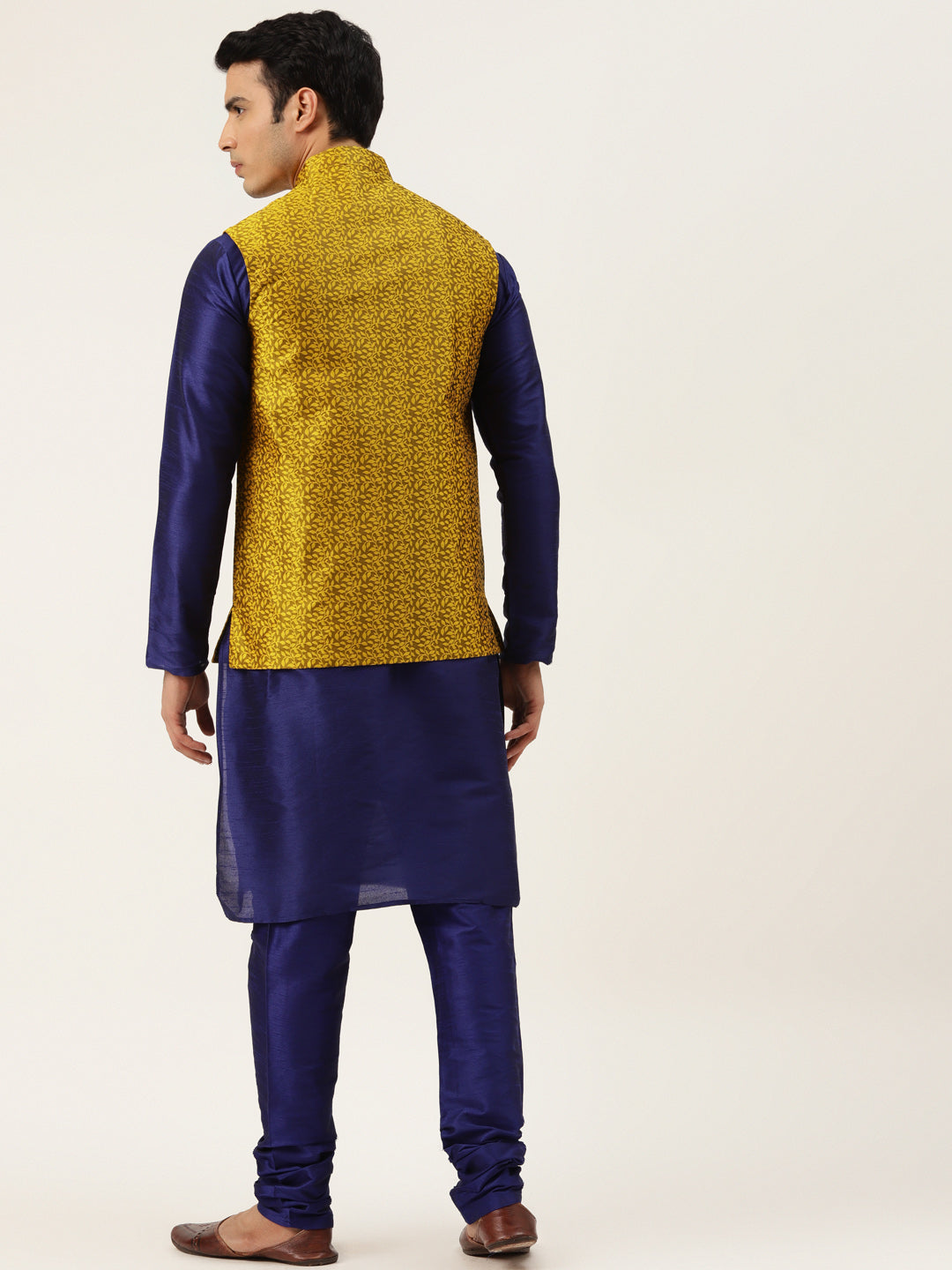 Men's Silk Blend Royal Blue Kurta Pyjama & Mustard Nehrujacket Combo - Sojanya