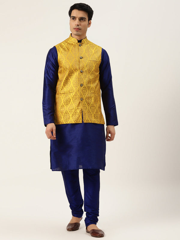 Men's Silk Blend Royal Blue Kurta Pyjama & Mustard Nehrujacket Combo - Sojanya