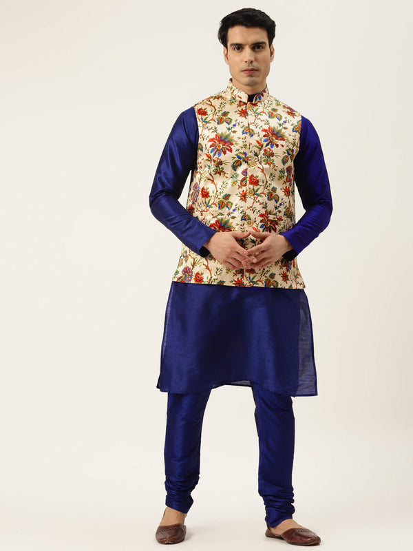 Men's Silk Blend Royal Blue Kurta Pyjama & Fawn Nehrujacket Combo - Sojanya