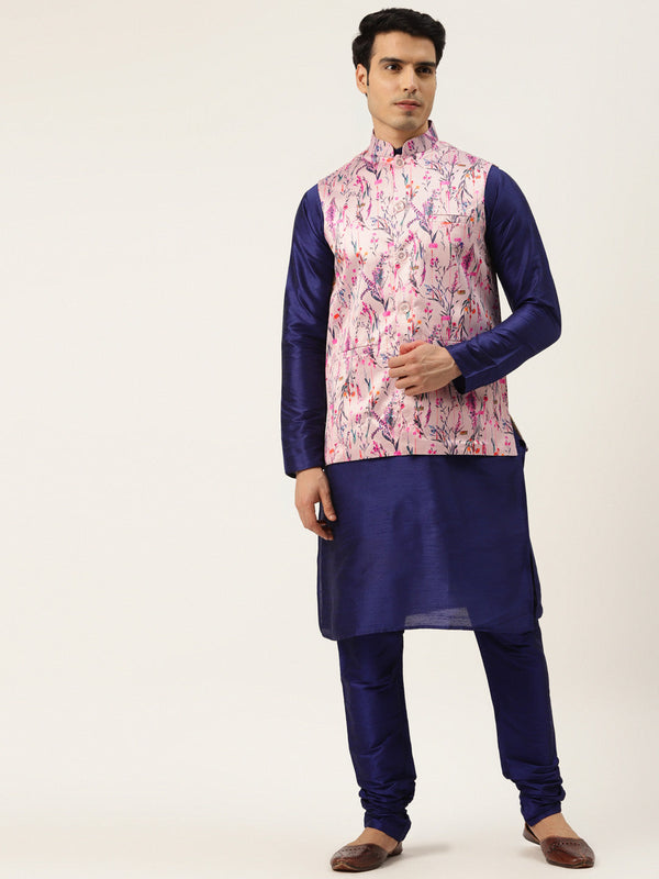 Men's Silk Blend Royal Blue Kurta Pyjama & Pink Nehrujacket Combo - Sojanya