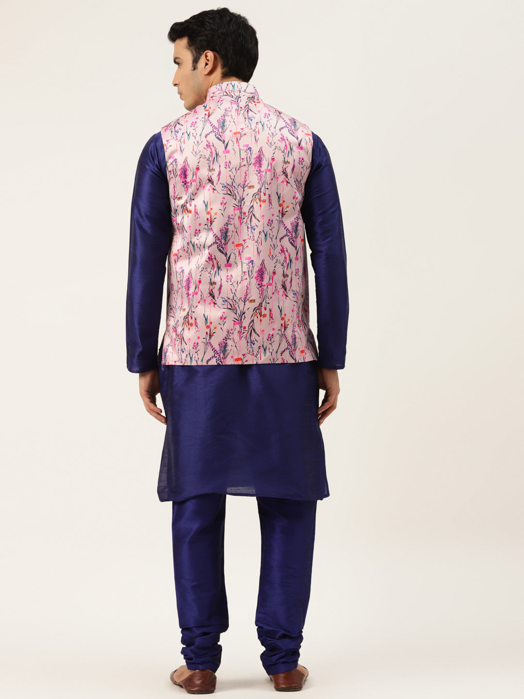 Men's Silk Blend Royal Blue Kurta Pyjama & Pink Nehrujacket Combo - Sojanya