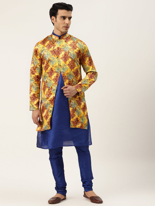 Men's Silk Blend Royal Blue Kurta Pyjama & Yellow Sherwani Set - Sojanya