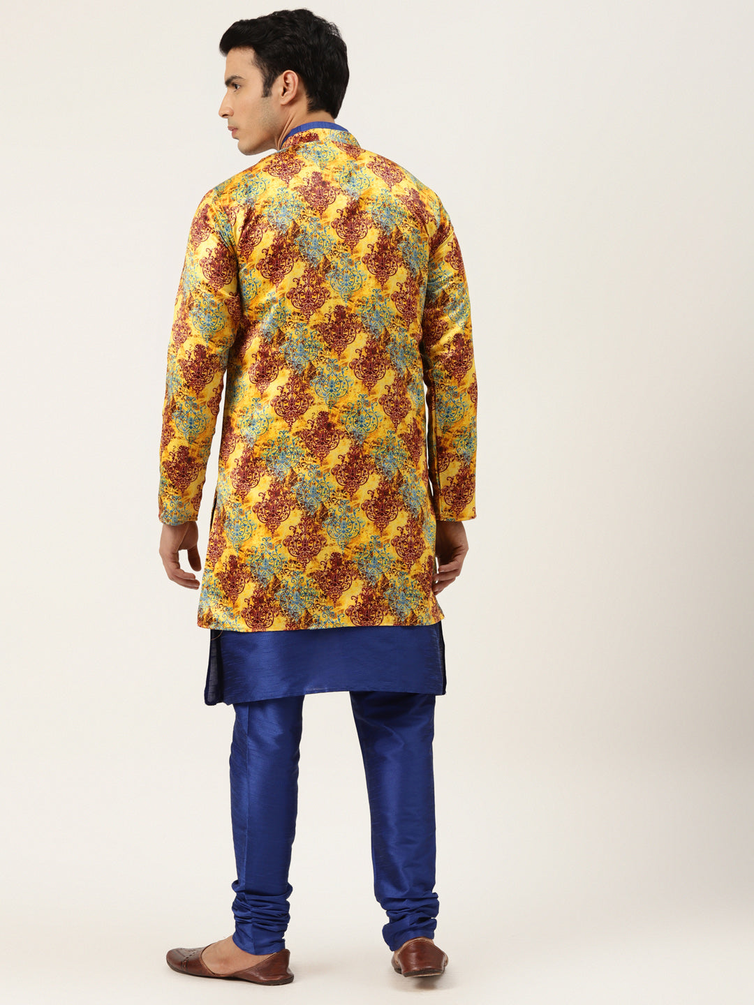 Men's Silk Blend Royal Blue Kurta Pyjama & Yellow Sherwani Set - Sojanya