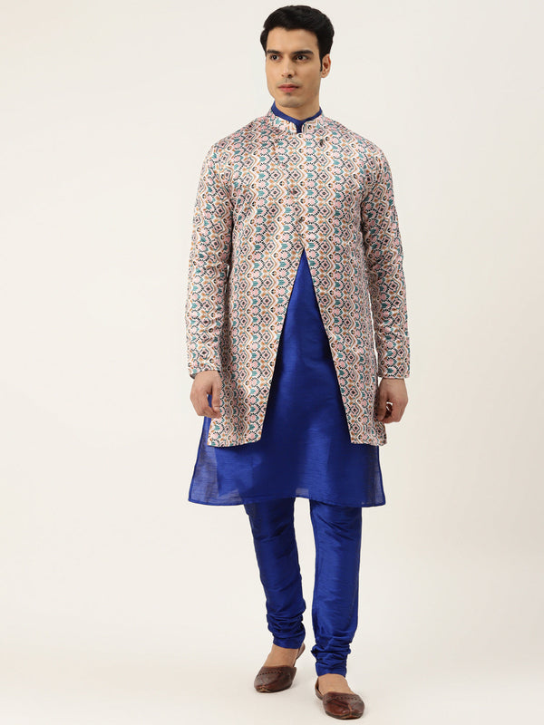 Men's Silk Blend Royal Blue Kurta Pyjama & White Sherwani Set - Sojanya