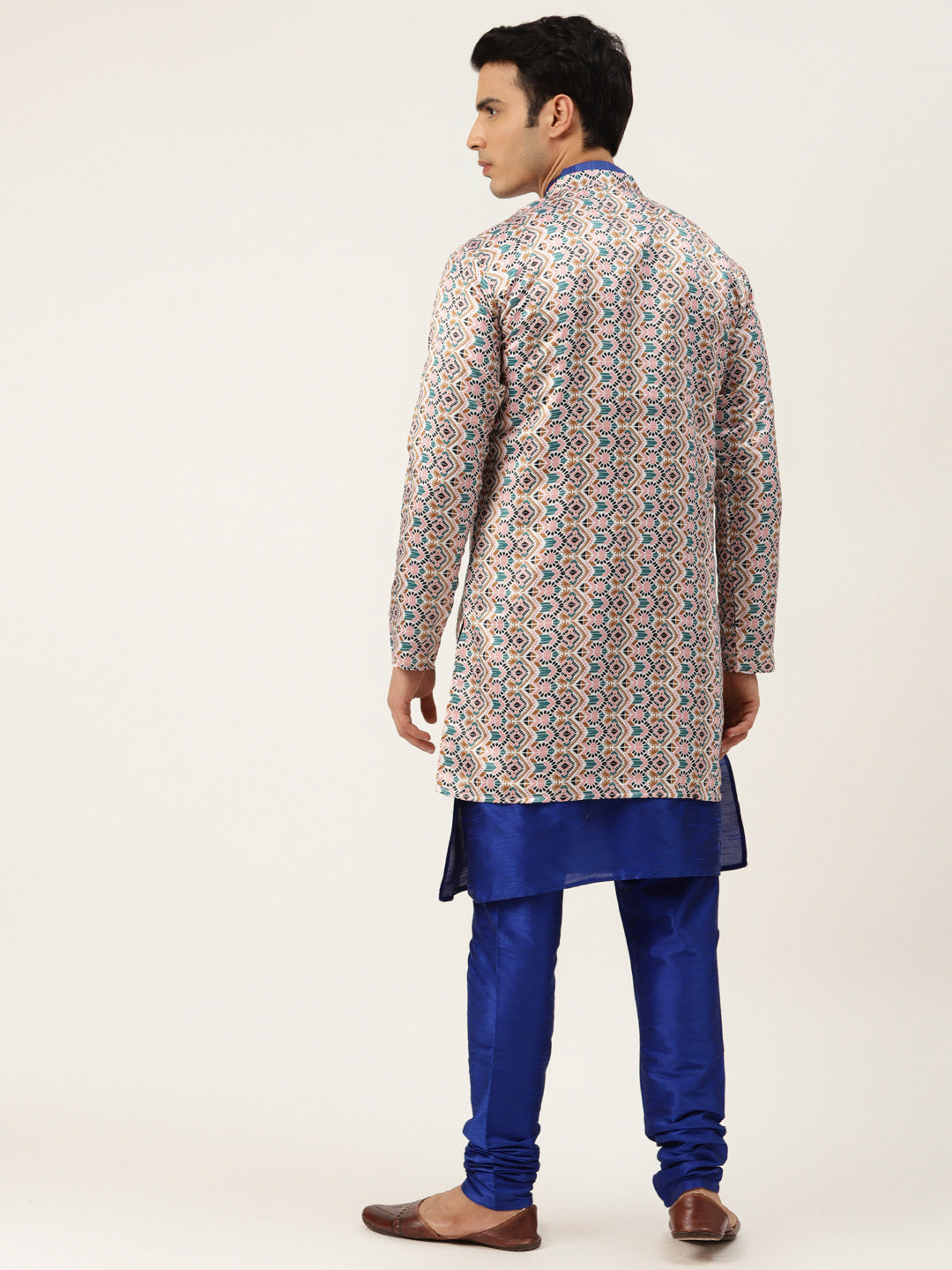 Men's Silk Blend Royal Blue Kurta Pyjama & White Sherwani Set - Sojanya