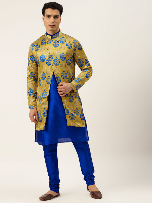 Men's Silk Blend Royal Blue Kurta Pyjama & Gold Sherwani Set - Sojanya