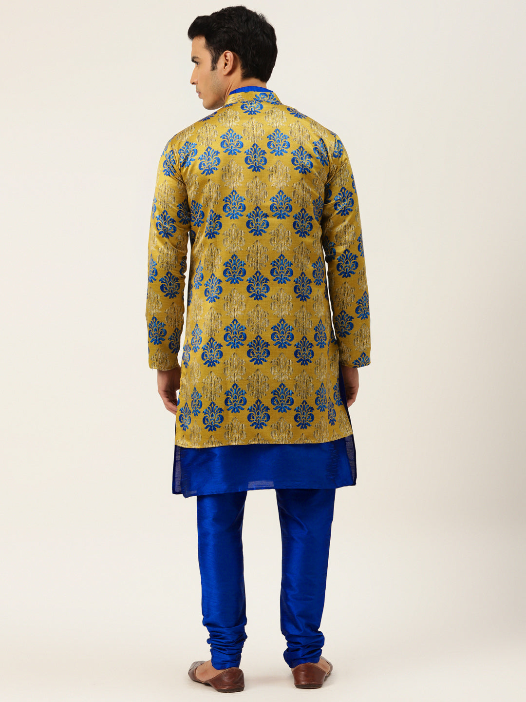 Men's Silk Blend Royal Blue Kurta Pyjama & Gold Sherwani Set - Sojanya