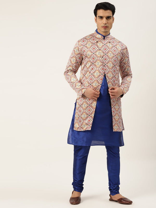 Men's Silk Blend Royal Blue Kurta Pyjama & Offwhite Sherwani Set - Sojanya