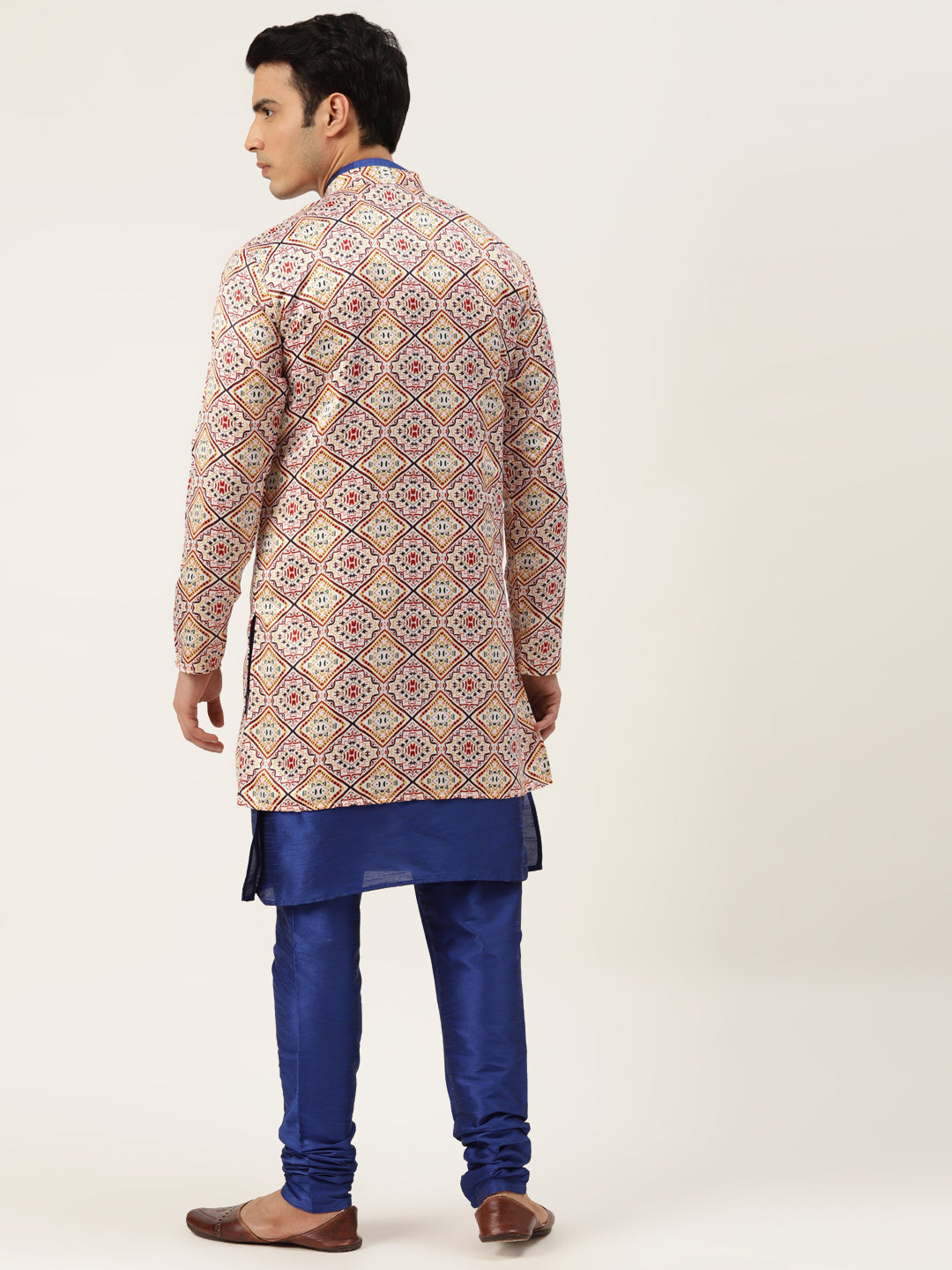 Men's Silk Blend Royal Blue Kurta Pyjama & Offwhite Sherwani Set - Sojanya