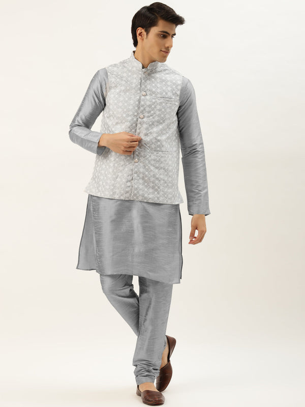 Men's Silk Blend Grey Kurta Pyjama & Grey Nehrujacket Combo - Sojanya