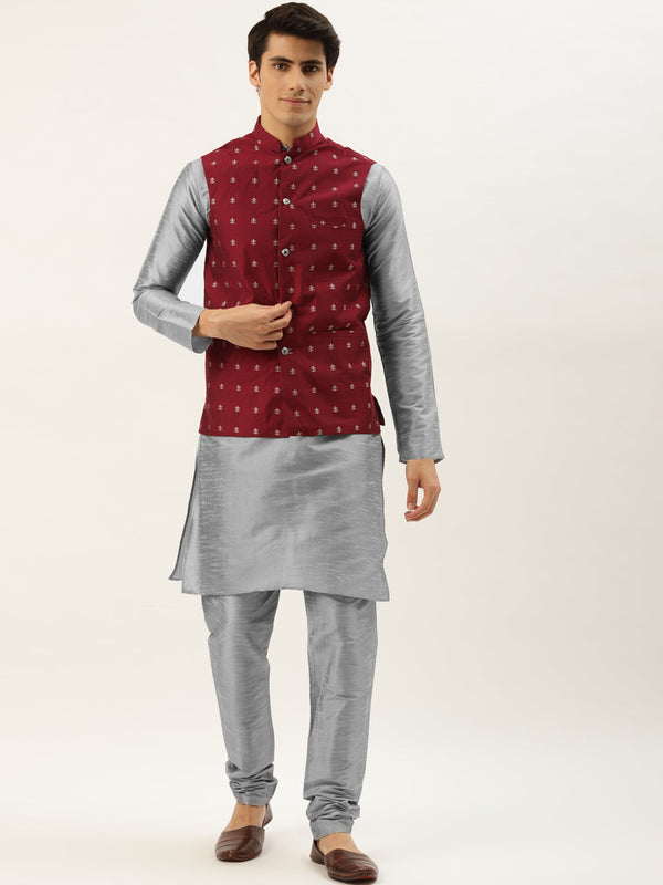 Men's Silk Blend Grey Kurta Pyjama & Maroon Nehrujacket Combo - Sojanya