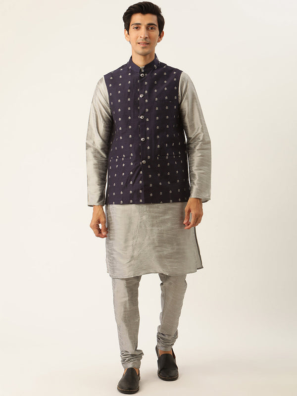 Men's Silk Blend Grey Kurta Pyjama & Dark Green Nehrujacket Combo - Sojanya