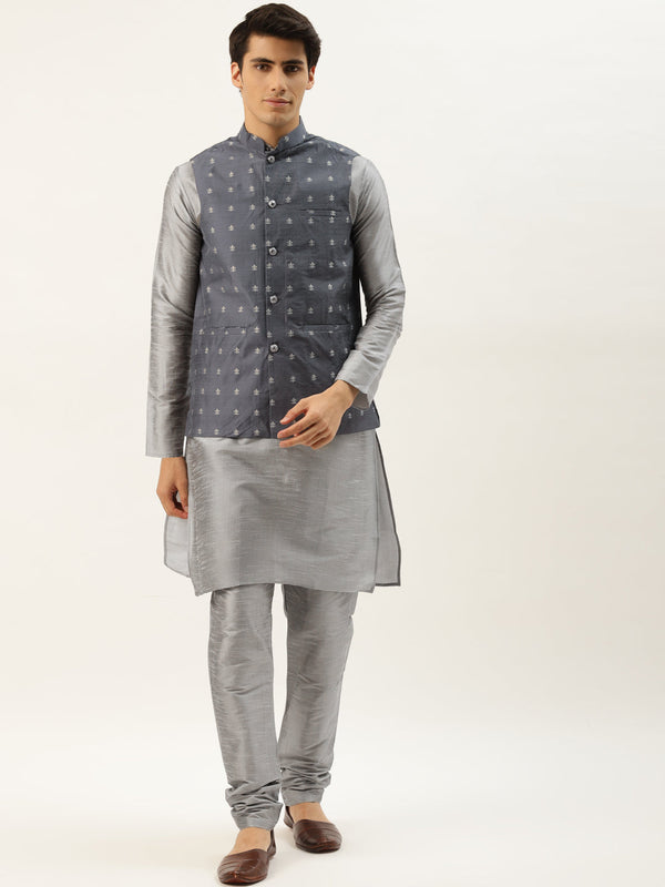 Men's Silk Blend Grey Kurta Pyjama & Grey Nehrujacket Combo - Sojanya