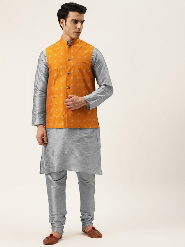 Men's Silk Blend Grey Kurta Pyjama & Orange Nehrujacket Combo - Sojanya