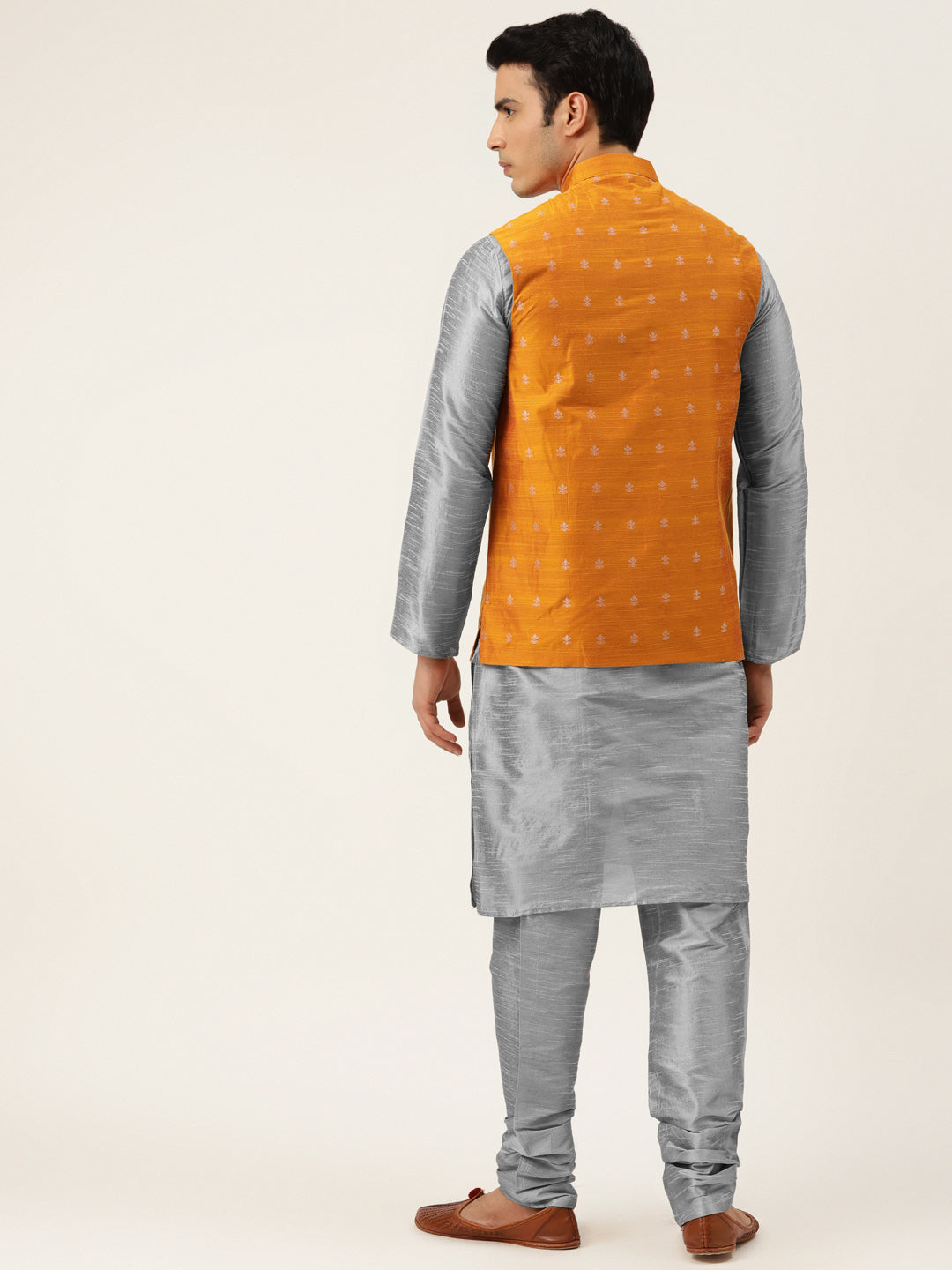 Men's Silk Blend Grey Kurta Pyjama & Orange Nehrujacket Combo - Sojanya