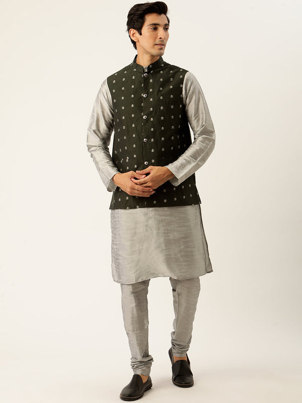 Men's Silk Blend Grey Kurta Pyjama & Navy Nehrujacket Combo - Sojanya