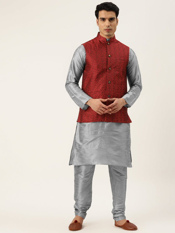 Men's Silk Blend Grey Kurta Pyjama & Maroon Nehrujacket Combo - Sojanya