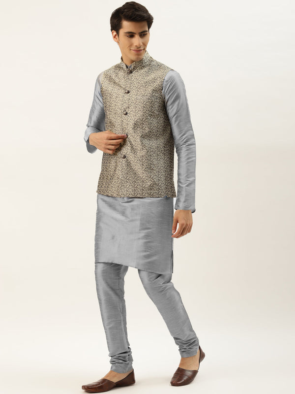 Men's Silk Blend Grey Kurta Pyjama & Gold Nehrujacket Combo - Sojanya