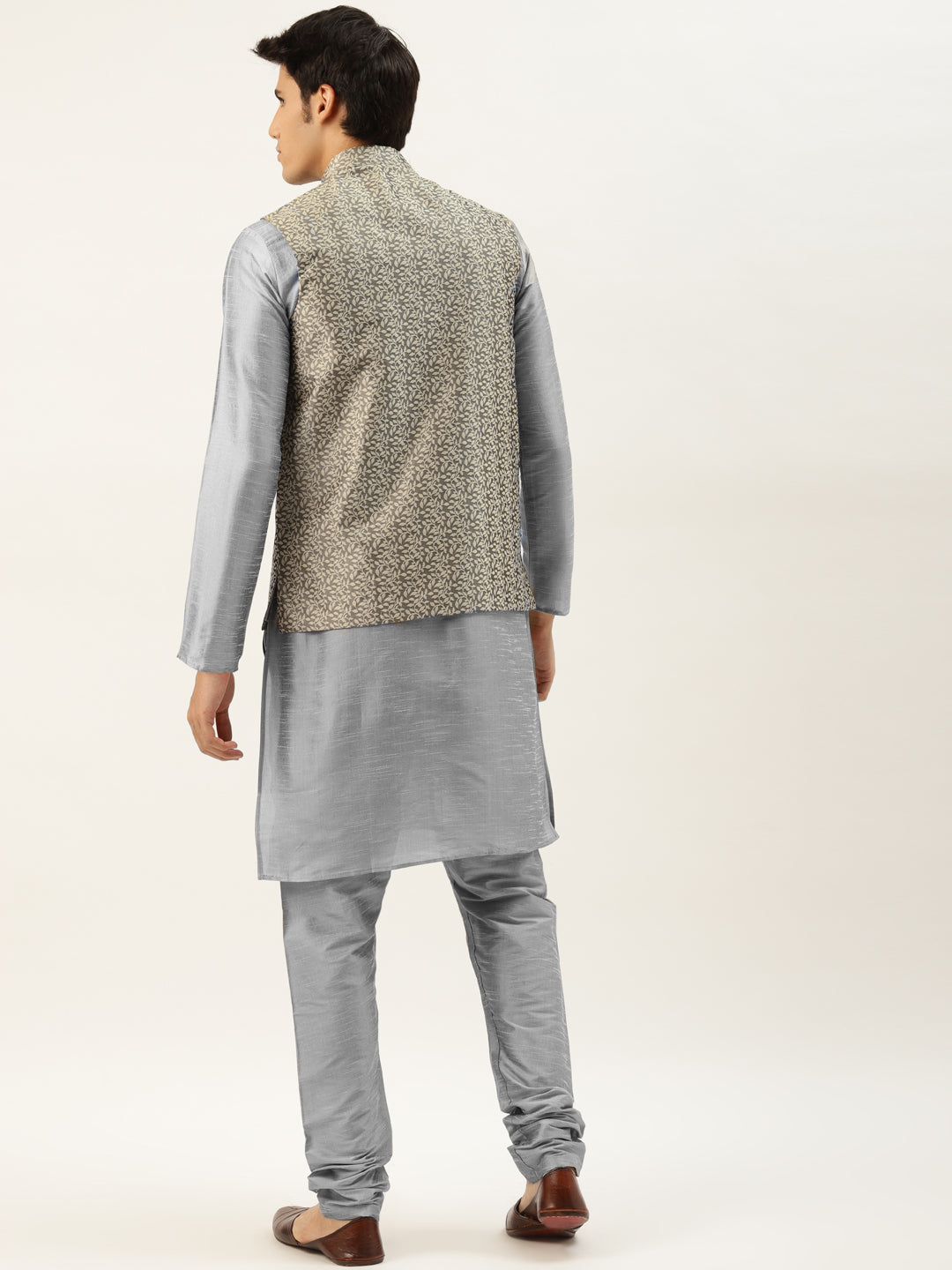 Men's Silk Blend Grey Kurta Pyjama & Gold Nehrujacket Combo - Sojanya