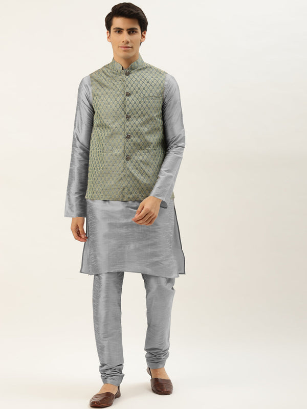 Men's Silk Blend Grey Kurta Pyjama & Teal Green Nehrujacket Combo - Sojanya