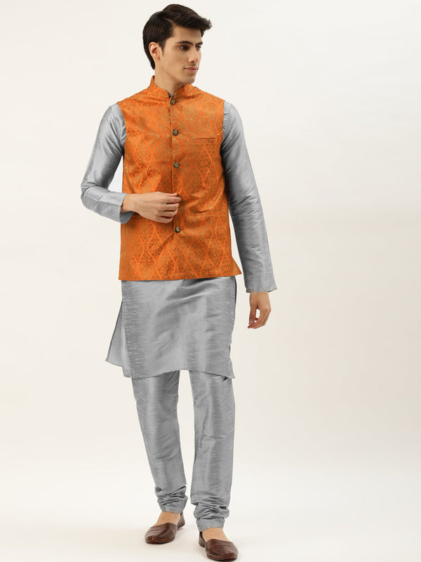 Men's Silk Blend Grey Kurta Pyjama & Orange Nehrujacket Combo - Sojanya