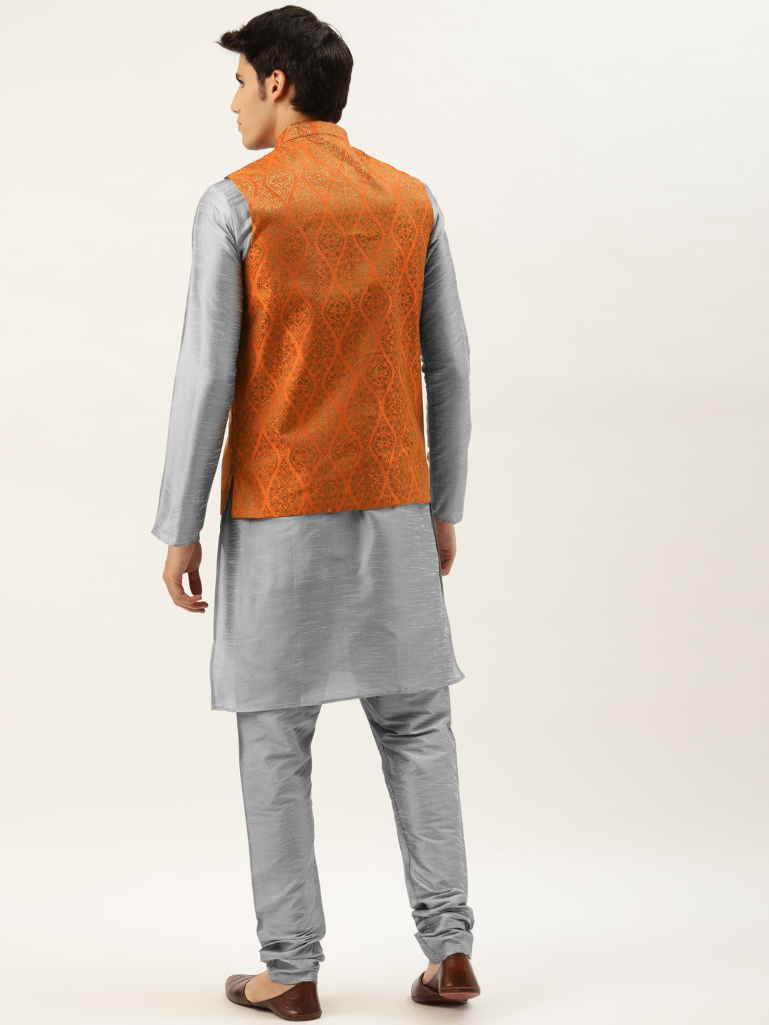 Men's Silk Blend Grey Kurta Pyjama & Orange Nehrujacket Combo - Sojanya