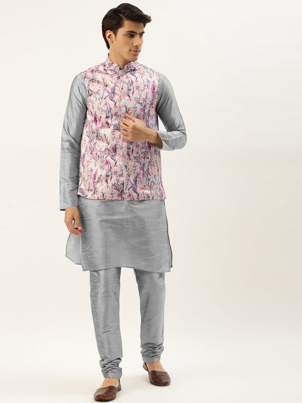 Men's Silk Blend Grey Kurta Pyjama & Pink Nehrujacket Combo - Sojanya