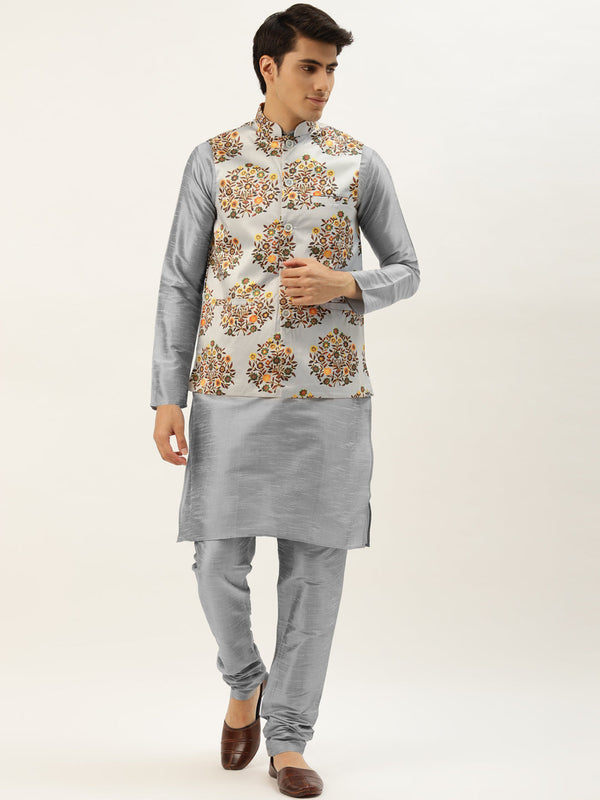 Men's Silk Blend Grey Kurta Pyjama & Lightgrey Nehrujacket Combo - Sojanya