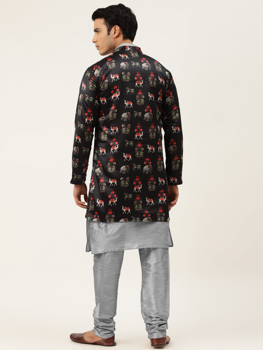 Men's Silk Blend Grey Kurta Pyjama & Black Sherwani Set - Sojanya