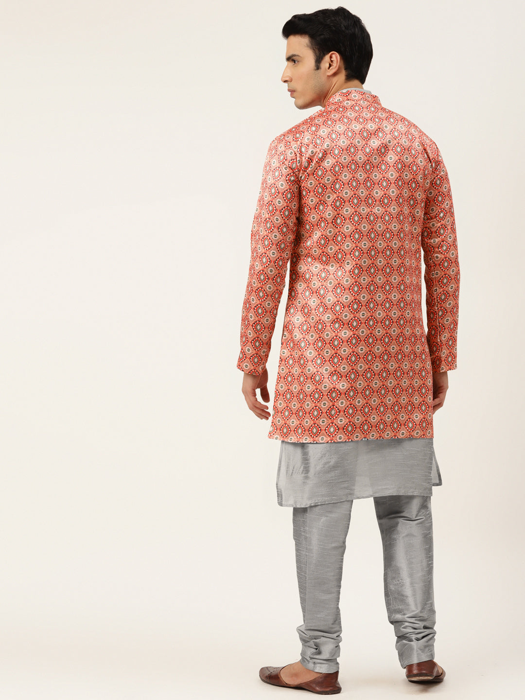 Men's Silk Blend Grey Kurta Pyjama & Peach Sherwani Set - Sojanya