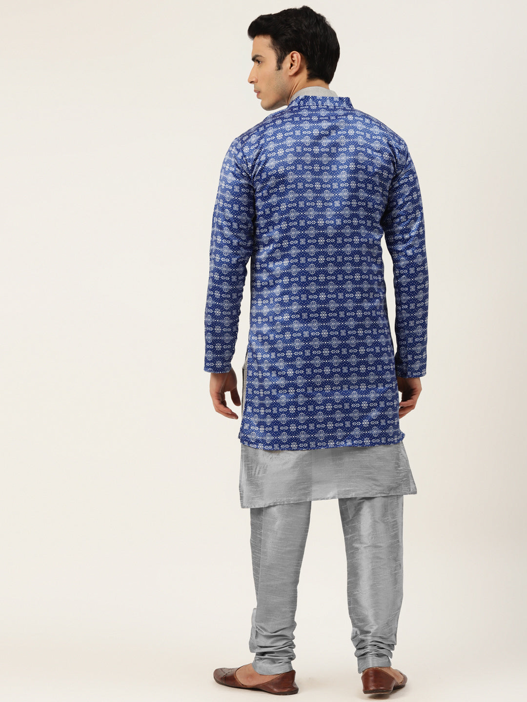 Men's Silk Blend Grey Kurta Pyjama & Blue Sherwani Set - Sojanya