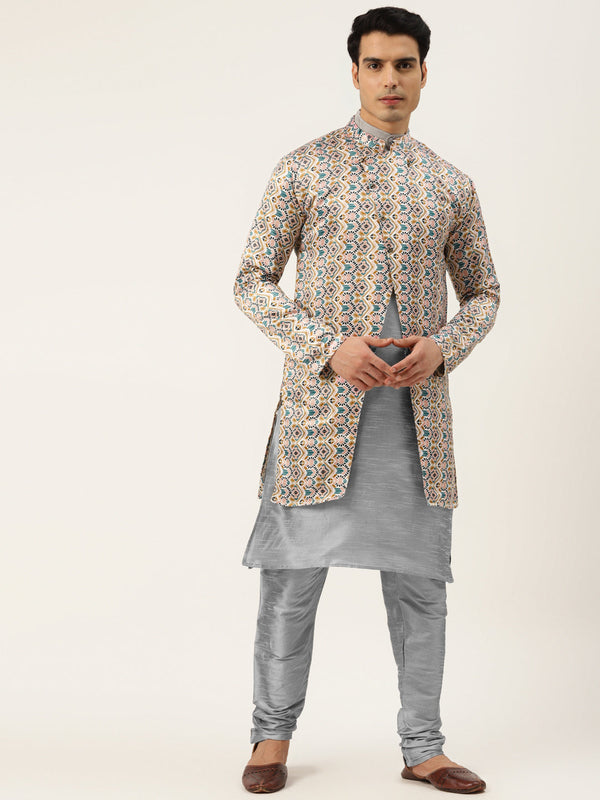 Men's Silk Blend Grey Kurta Pyjama & White Sherwani Set - Sojanya