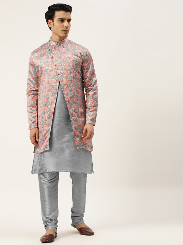 Men's Silk Blend Grey Kurta Pyjama & Rust Sherwani Set - Sojanya