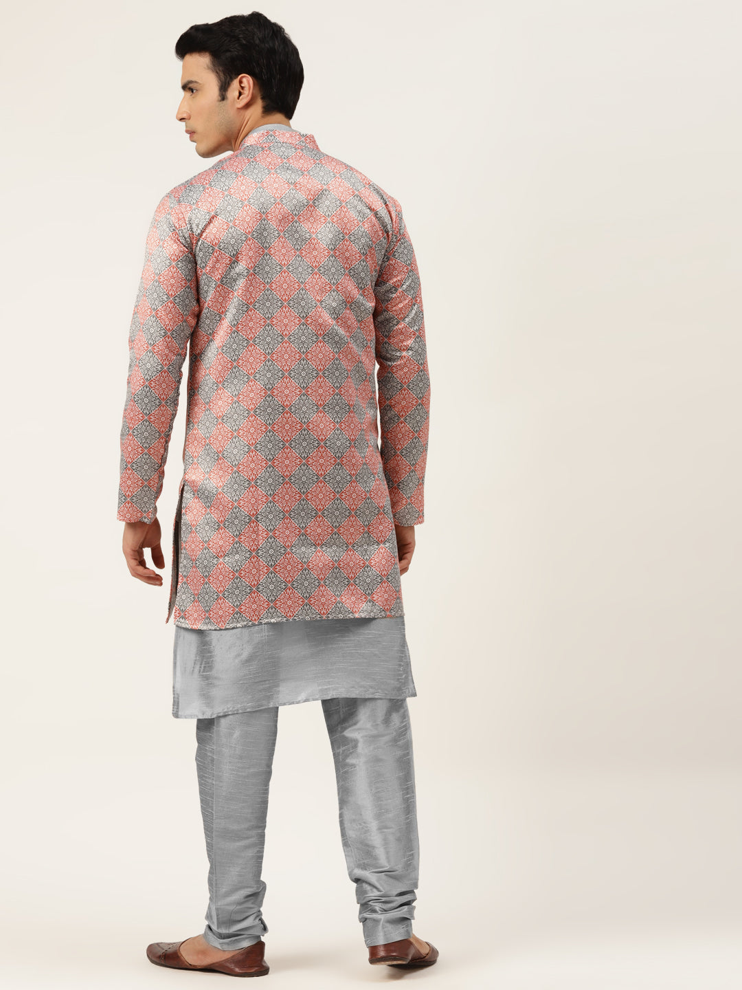 Men's Silk Blend Grey Kurta Pyjama & Rust Sherwani Set - Sojanya