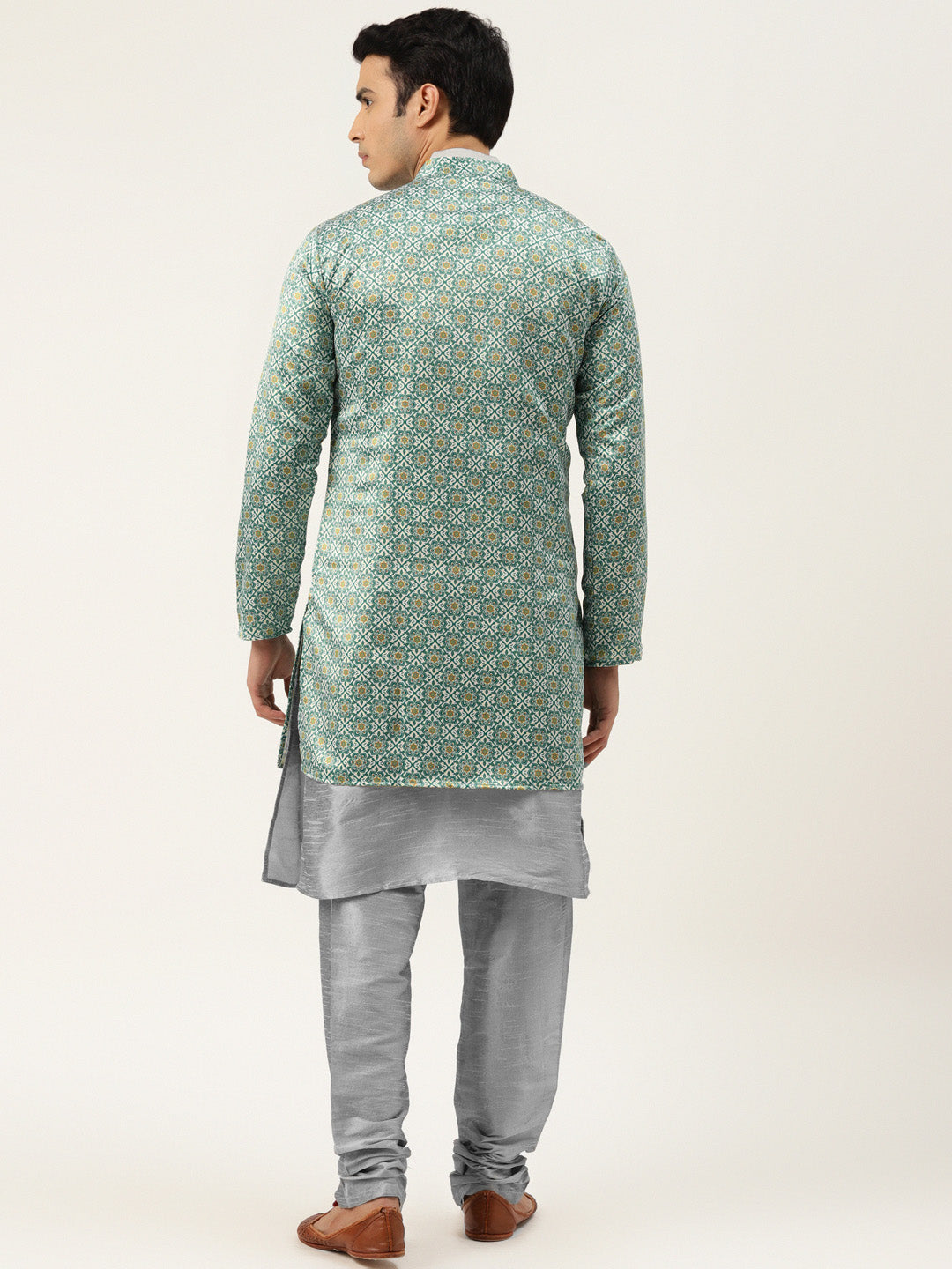 Men's Silk Blend Grey Kurta Pyjama & Green Sherwani Set - Sojanya