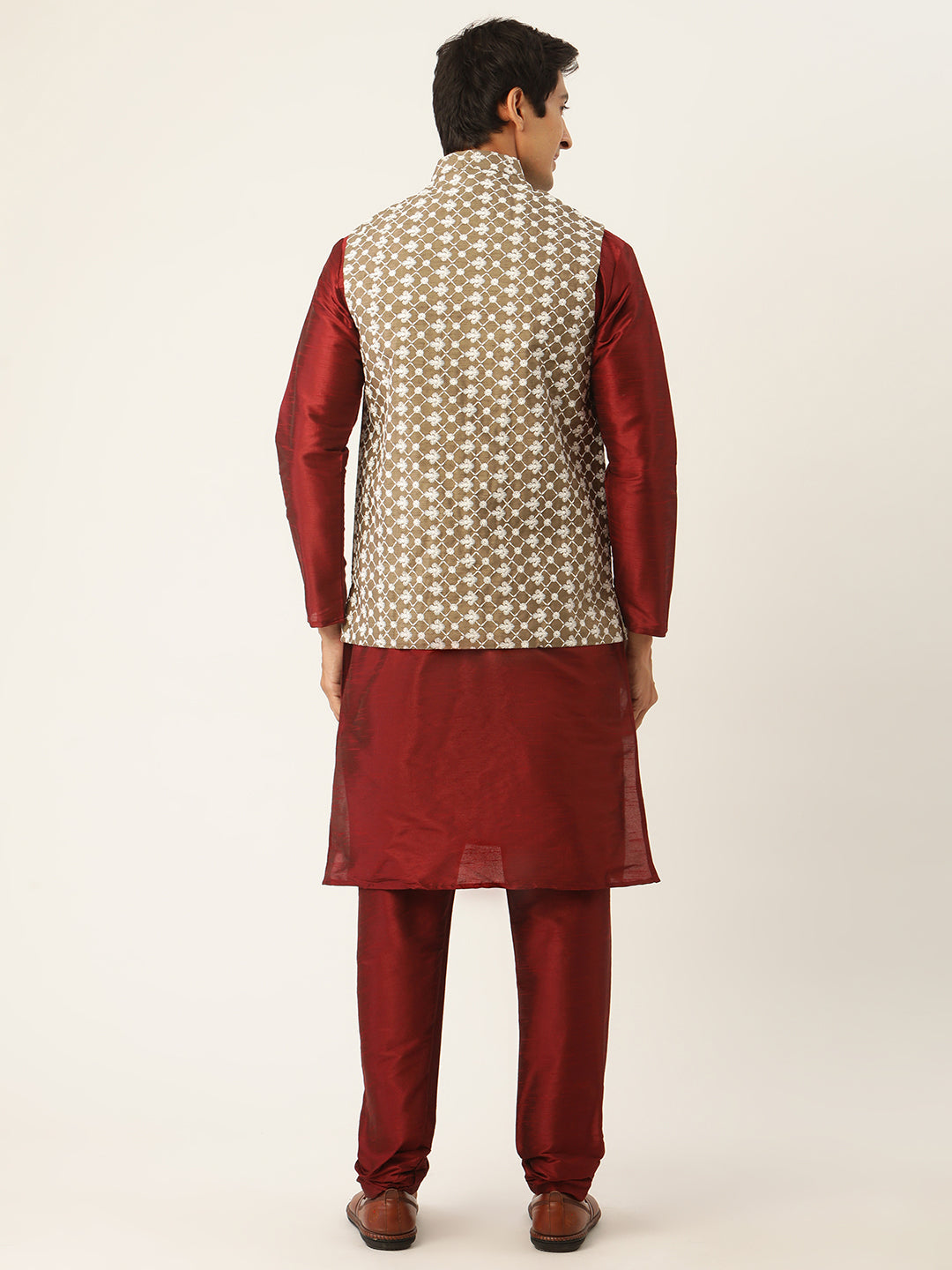 Men's Silk Blend Maroon Kurta Pyjama & Olive Nehrujacket Combo - Sojanya