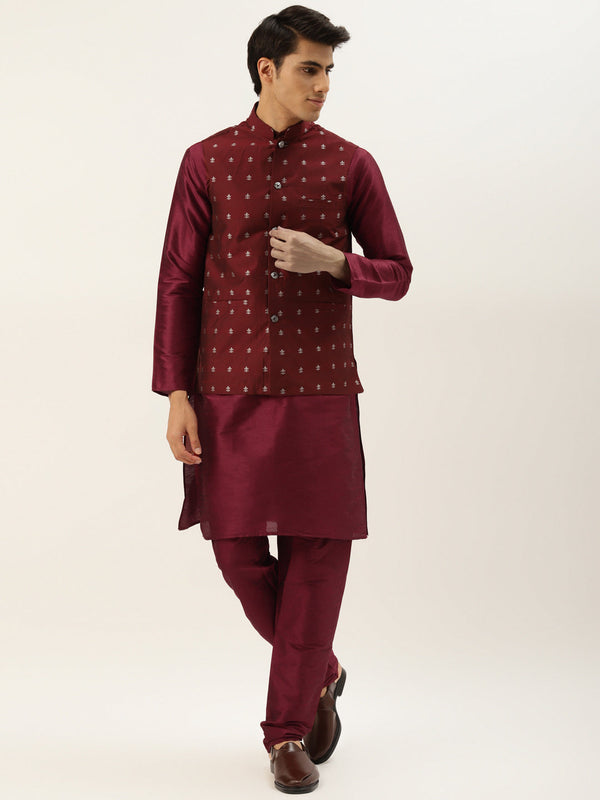 Men's Silk Blend Maroon Kurta Pyjama & Maroon Nehrujacket Combo - Sojanya