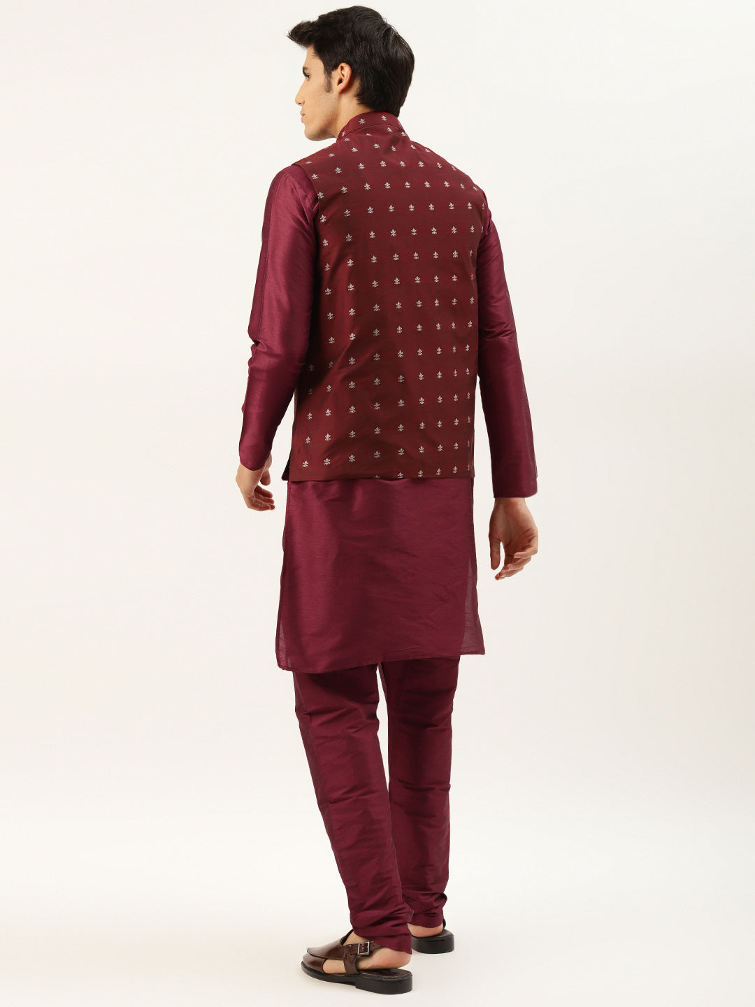 Men's Silk Blend Maroon Kurta Pyjama & Maroon Nehrujacket Combo - Sojanya