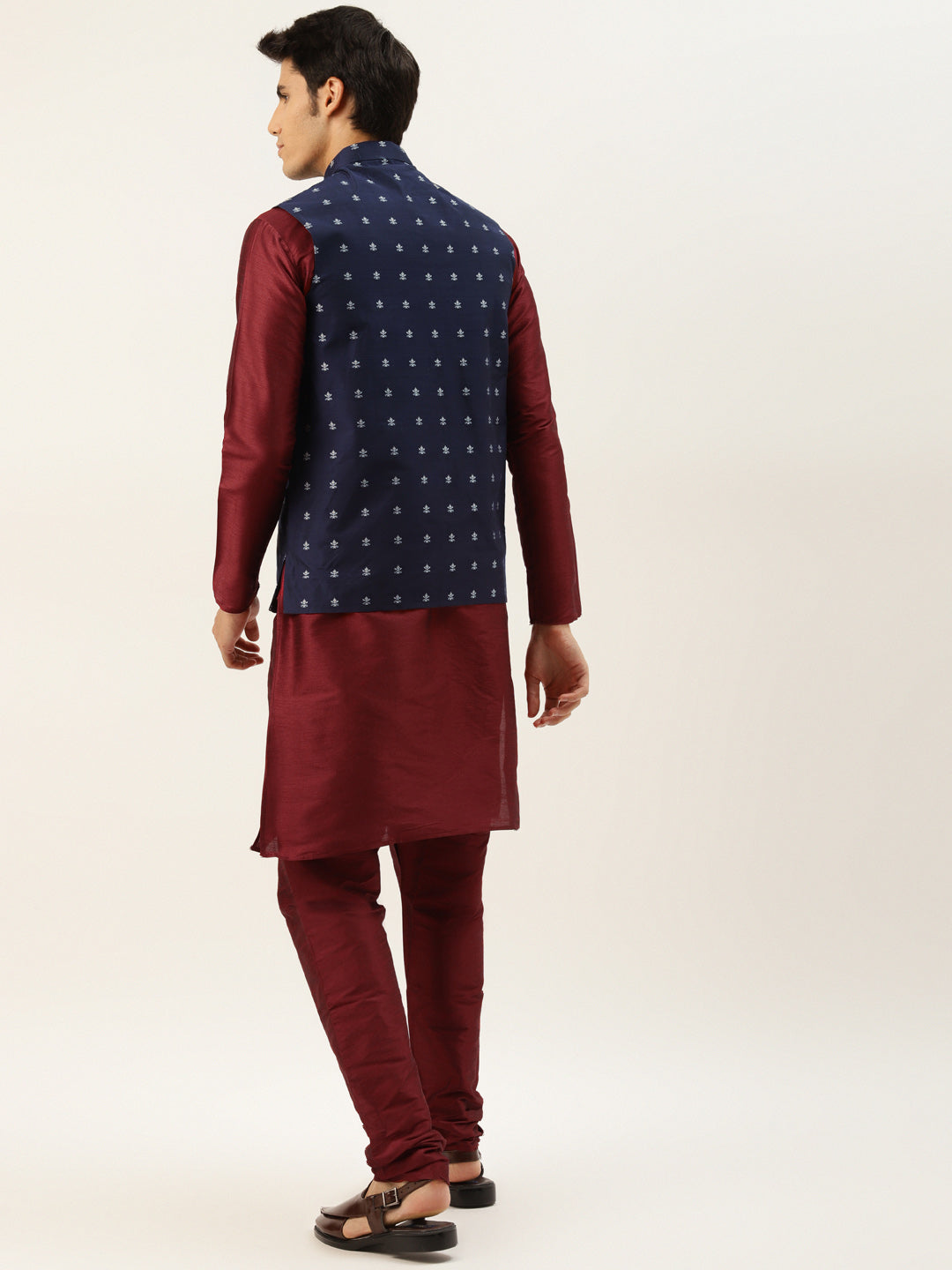 Men's Silk Blend Maroon Kurta Pyjama & Navy Nehrujacket Combo - Sojanya