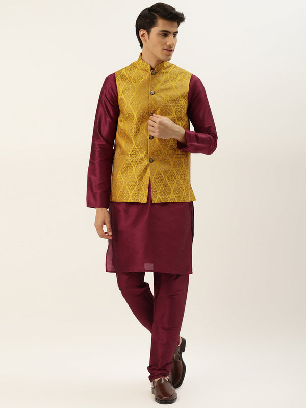 Men's Silk Blend Maroon Kurta Pyjama & Mustard Nehrujacket Combo - Sojanya