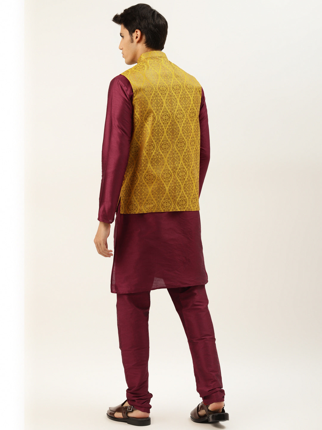 Men's Silk Blend Maroon Kurta Pyjama & Mustard Nehrujacket Combo - Sojanya