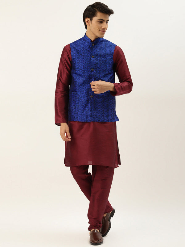 Men's Silk Blend Maroon Kurta Pyjama & Royalblue Nehrujacket Combo - Sojanya