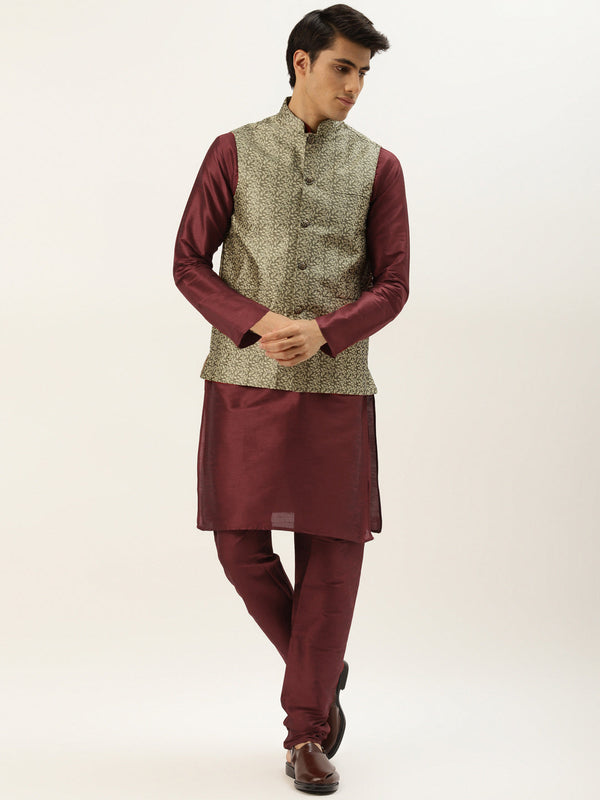 Men's Silk Blend Maroon Kurta Pyjama & Gold Nehrujacket Combo - Sojanya