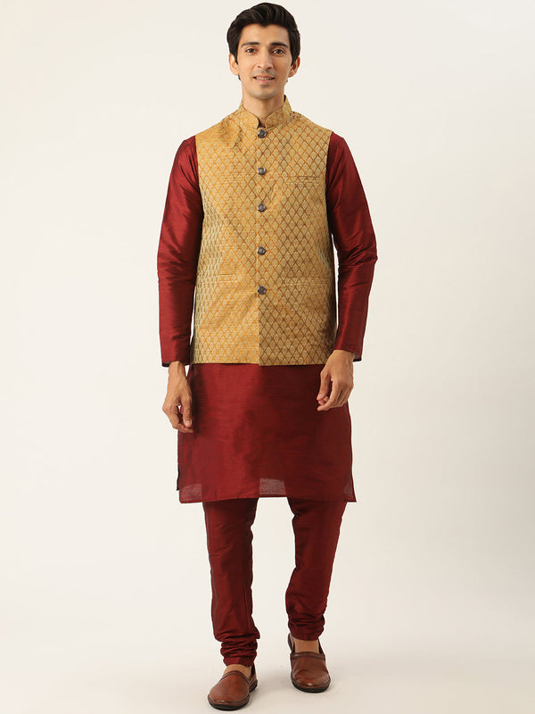 Men's Silk Blend Maroon Kurta Pyjama & Mustard Nehrujacket Combo - Sojanya