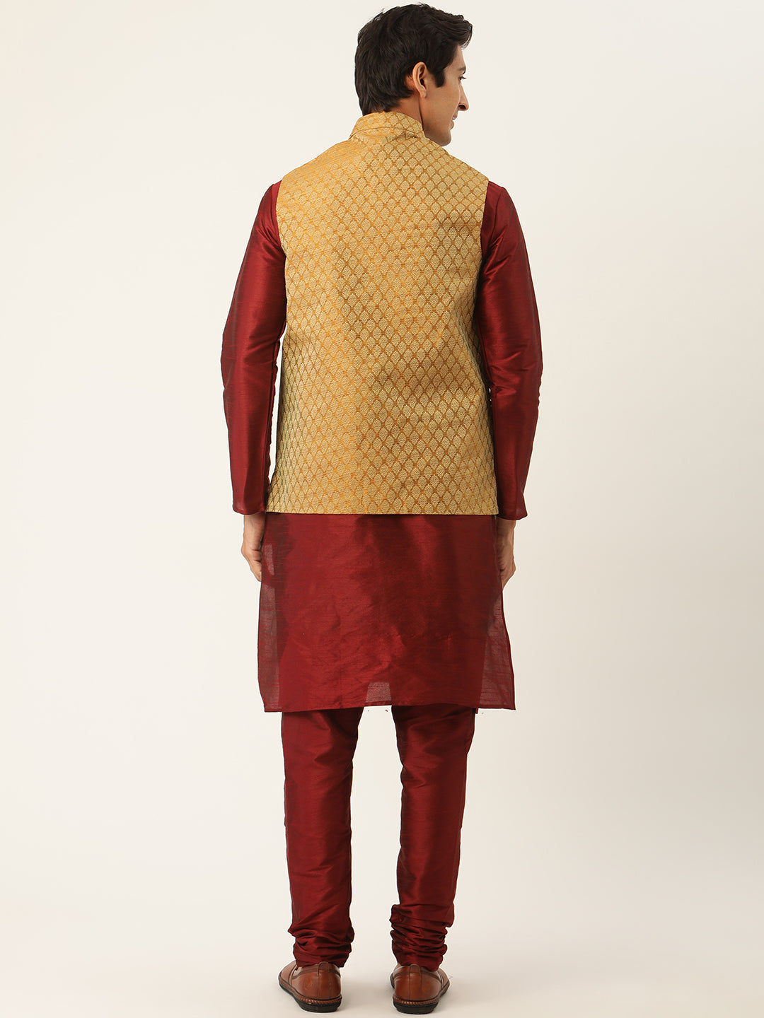 Men's Silk Blend Maroon Kurta Pyjama & Mustard Nehrujacket Combo - Sojanya